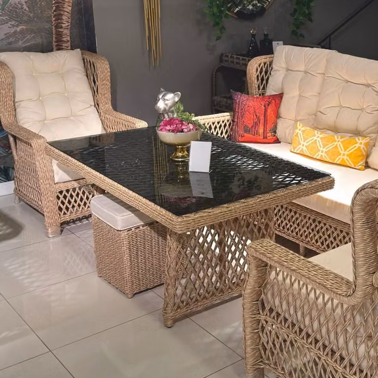 Casa Padrino tavolo da pranzo in rattan con piano in vetro colori naturali / grigio 200 cm
