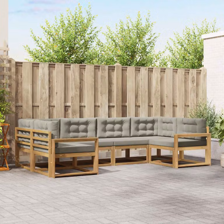 Set di divani da esterno vidaXL a forma di L in legno di acacia con cuscini, 6 pezzi, Bianco e Grigio