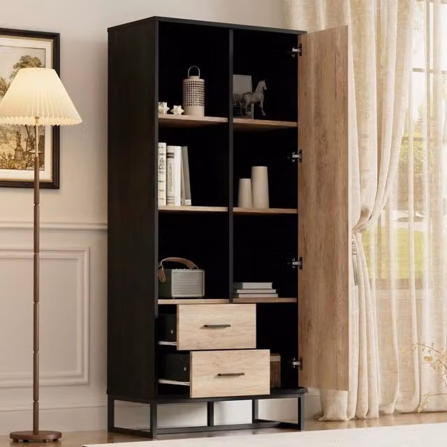 Armadio per soggiorno e ufficio con anta 2 cassetti e 3 vani aperti in MDF effetto legno e nero 80 × 40 × 180 cm