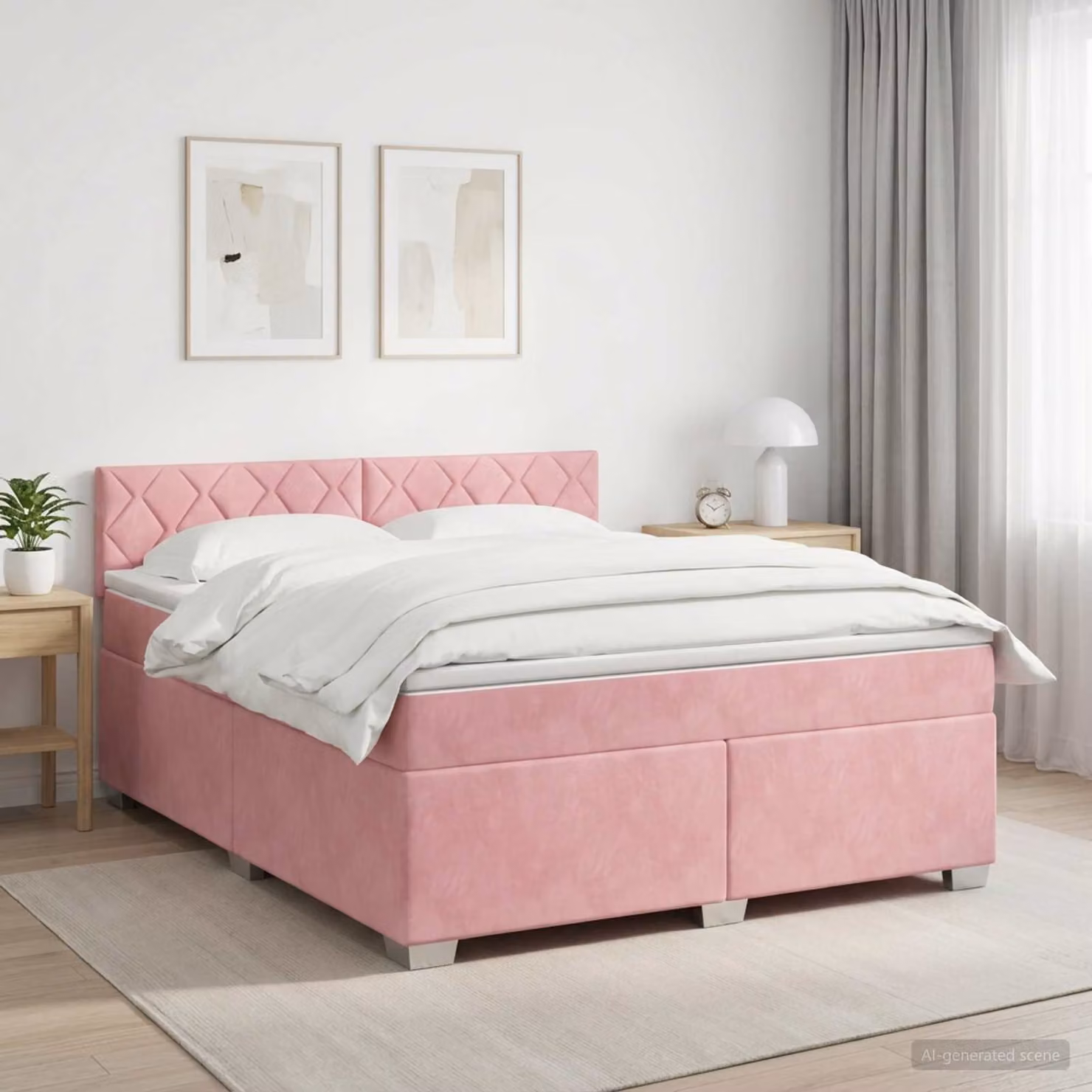 Letto box spring con materasso vidaXL in velluto rosa e bianco, L/P: 140 x 200 cm