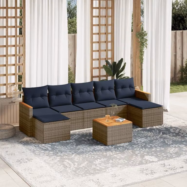 Set di divani da giardino vidaXL in polyrattan e legno di acacia oliato con cuscini grigi e blu, 8 pezzi