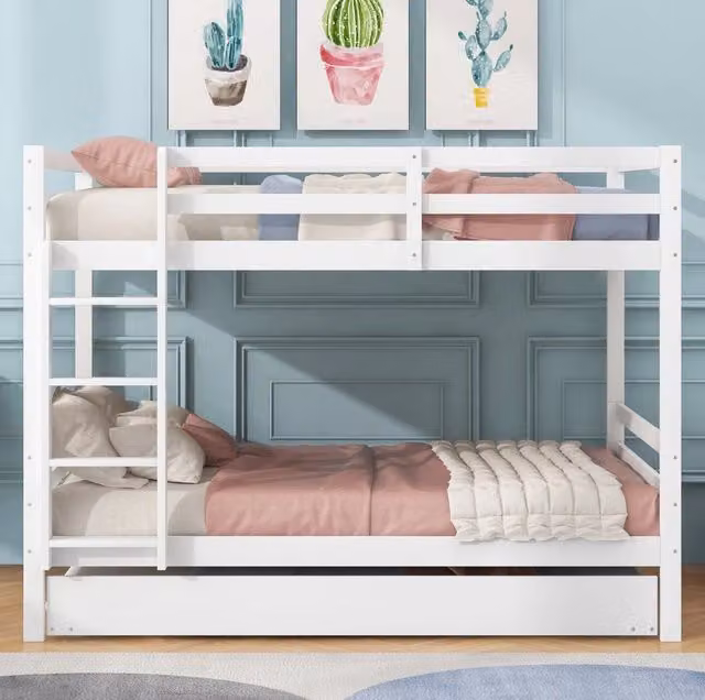 Letto a castello per bambini 140x200cm con letto estraibile bianco, scale stabili e sponde alte
