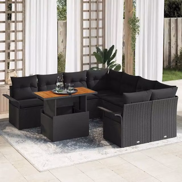 Set Divano da Giardino Moderno vidaXL in Rattan e Metallo Nero 9 Pezzi – 1