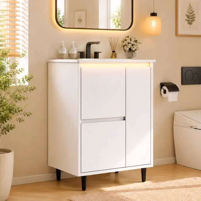 Mobile lavabo bagno ULEVR 61x46,5x87 cm con lavabo in ceramica, 2 cassetti e anta soft-close, bianco