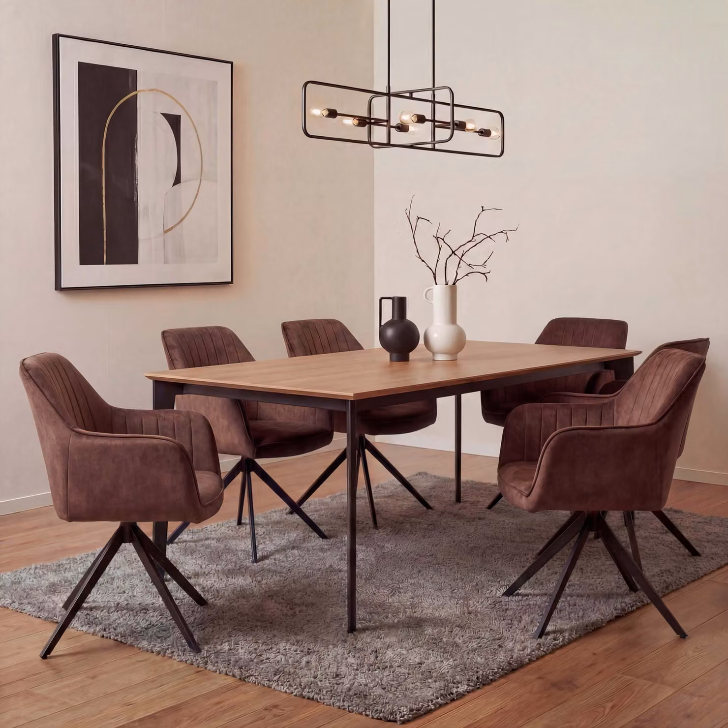 Set di 6 sedie da pranzo MCW-L79, sedia da cucina con braccioli girevoli e ritorno automatico, velluto 440 g/m² ~ effetto pelle scamosciata marrone terracotta