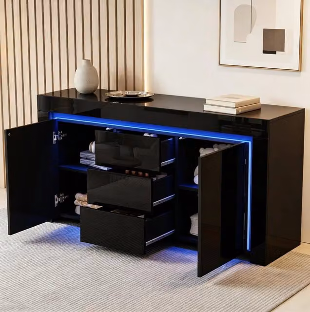Madia nera 140 x 40 x 65 cm con 2 ante; 3 cassetti; LED via app e ripiani regolabili
