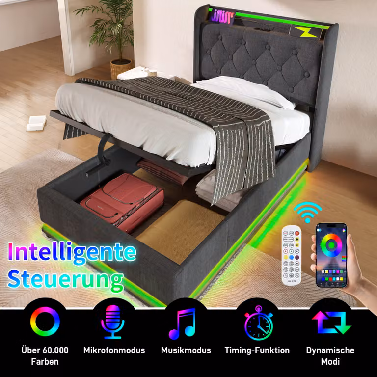 okwish letto imbottito boxspring 90 x 200 cm con testata con porta di ricarica USB e Type-C, letto idraulico con presa e illuminazione LED (senza materasso) - grigio lino