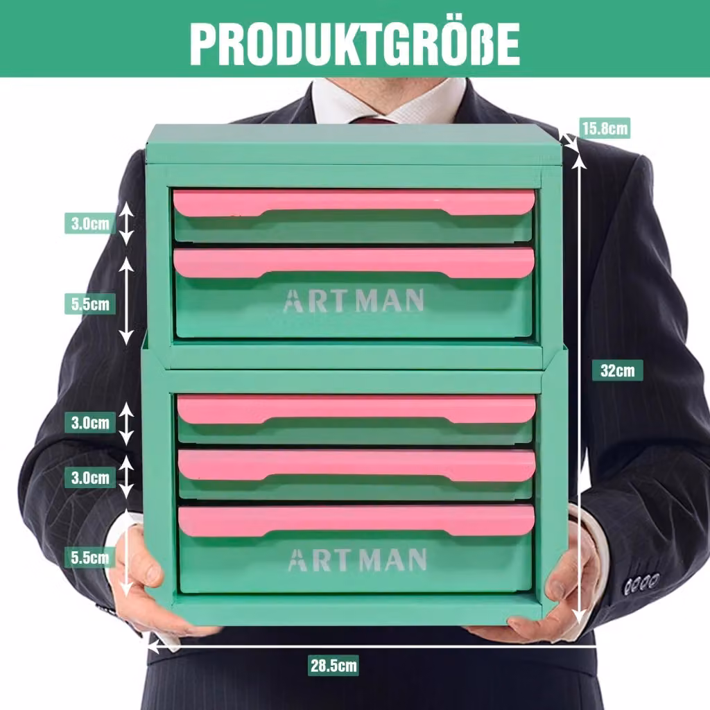 Organizzatore da scrivania multi-compartimento con cassetto in metallo e plastica, disponibile in verde o rosa – 2