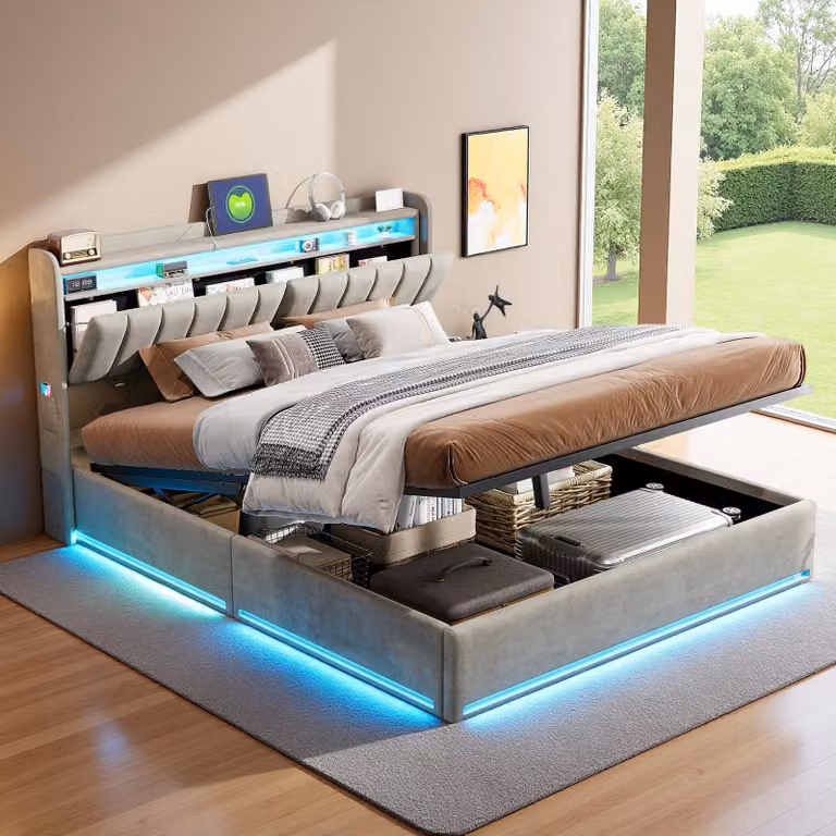 Letto imbottito INONEFT 160x200, letto matrimoniale moderno con LED e USB, letto con spazio contenitore ad apertura idraulica e rete a doghe, rivestito in velluto grigio, senza materasso
