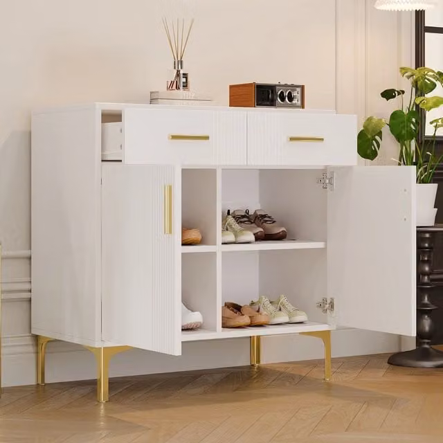 Credenza moderna WISHDOR bianca in MDF con 2 ante e 2 cassetti, L: 80 cm, P: 35 cm, H: 79,5 cm