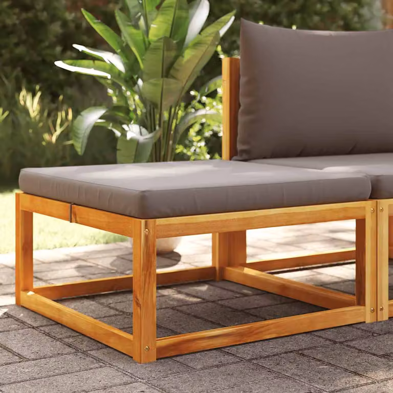 vidaXL Poggiapiedi da Giardino in Legno di Acacia con Cuscino Grigio L: 65 cm, P: 65 cm, H: 29 cm