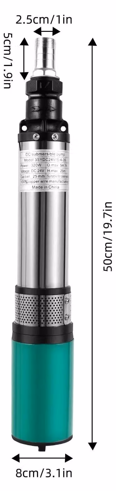 Pompa sommergibile per pozzi profondi, potenza 320W, altezza massima di pompaggio 25 metri, colore argento