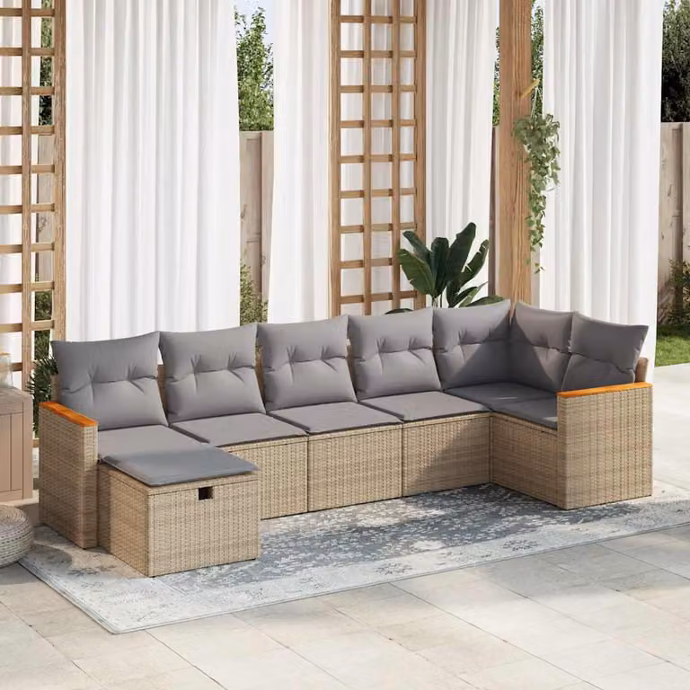 Set di divani da giardino vidaXL in polyrattan beige con cuscini, forma a L e struttura in legno di acacia per esterno