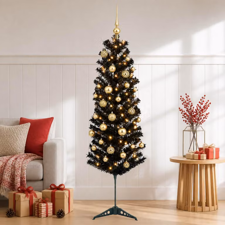 Albero di Natale artificiale, sottile, con decorazioni a forma di pallina, altezza 150 cm