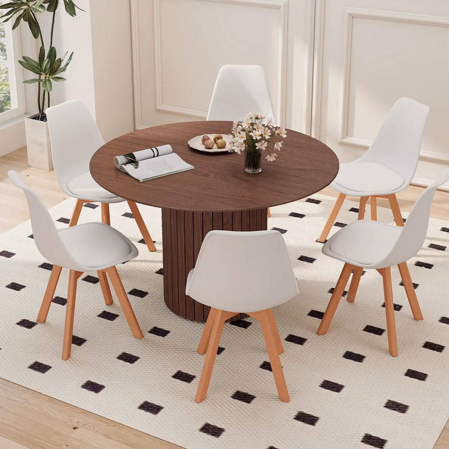 Essgruppe - Tavolo rotondo da pranzo con 6 sedie - 7 pezzi - 120 cm - Legno di faggio massello - Stile minimalista e moderno - Marrone scuro/Bianco