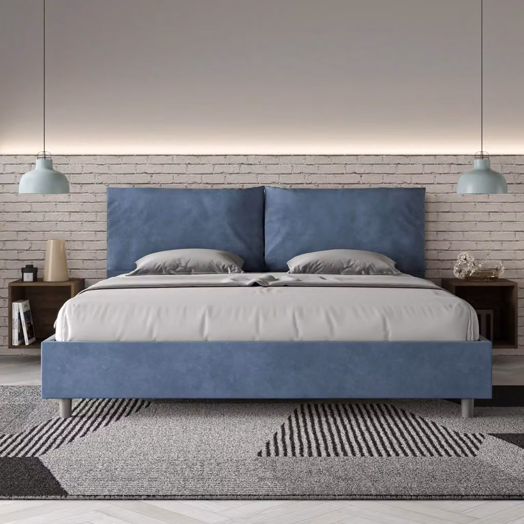 Letto Matrimoniale King Size Antea Large Blu con Contenitore e Rete, Imbottito in Microfibra, L/P/H: 222 x 215 x 110 cm – 2