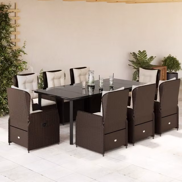 Set da pranzo da giardino vidaXL in polyrattan marrone con tavolo in vetro e 9 pezzi – 1