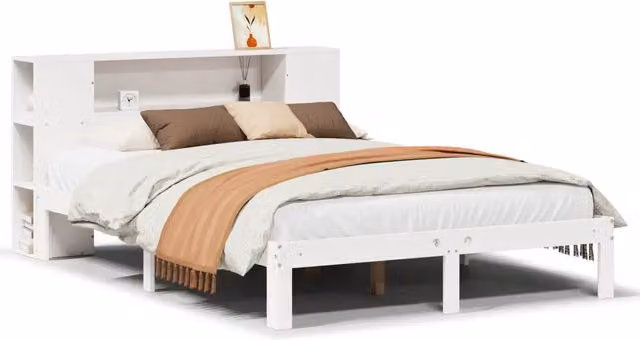Letto libreria per adulti in legno di pino bianco laccato con ripiani laterali L: 141 cm, P: 82 cm, H: 24 cm