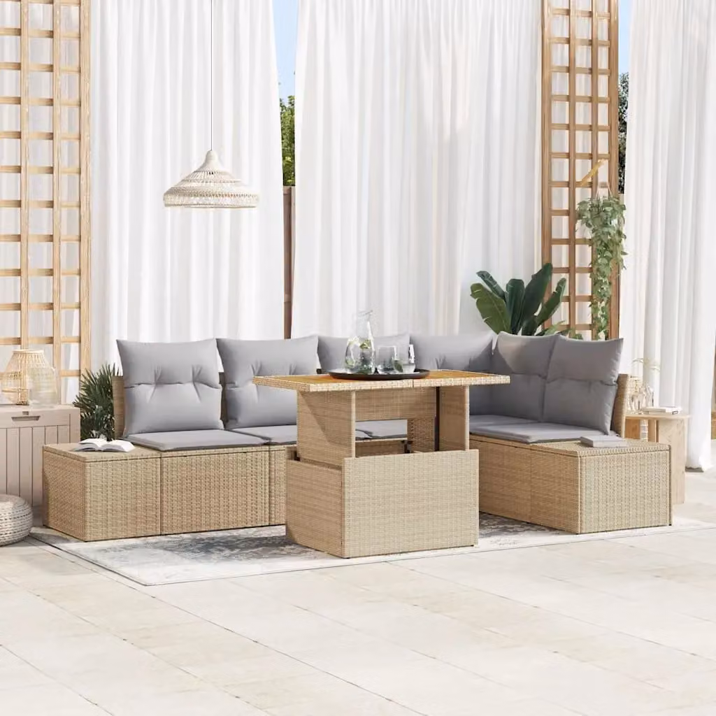 Set Divano da Giardino a L vidaXL in Rattan e Metallo con Cuscini Beige, 6 Pezzi