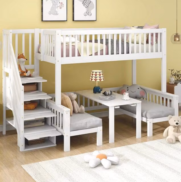 Letto a castello ULEVR 90x200 e 120x200 cm con tavolo ribaltabile, scala contenitore e sponde, bianco