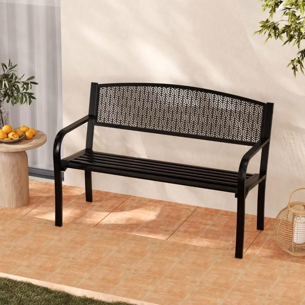 Panca da esterno Design Mania in metallo nero con braccioli per giardino e terrazzo, L: 128 cm – 2