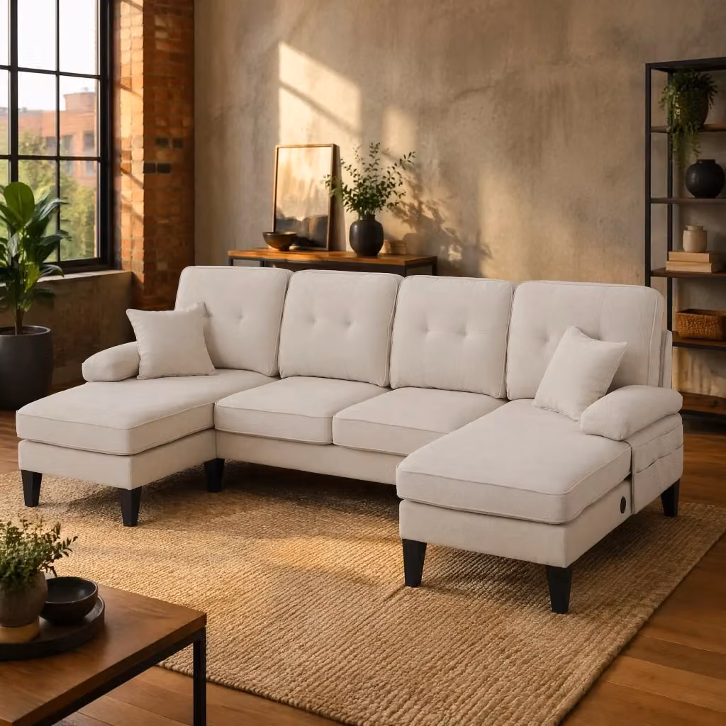Divano a U REDOM da 4 posti in lino beige con 2 chaise longue e ricarica USB, L/P/H: 250 x 130 x 88 cm – 2