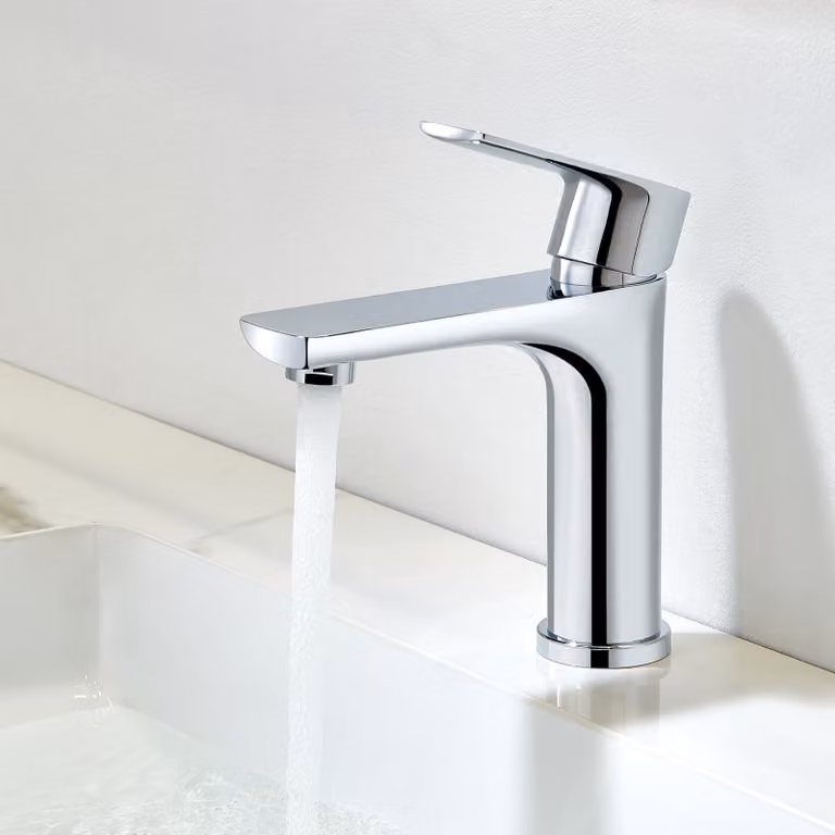 Rubinetto per lavabo con sistema di scarico, cromato, a risparmio idrico, monocomando