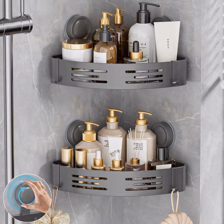 Portaoggetti angolare per doccia, set da 2 pezzi, senza foratura, con ventose e ganci, colore grigio gunmetal
