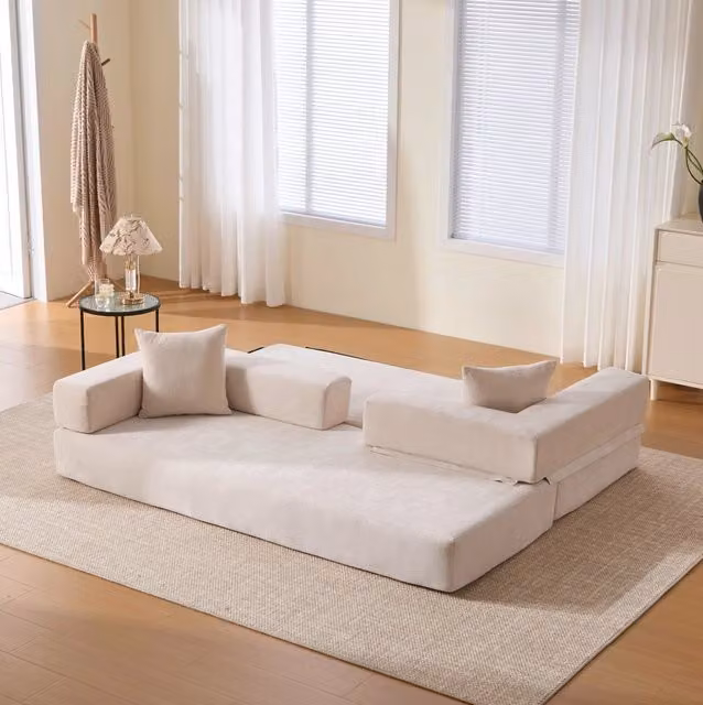 Divano modulare in ciniglia beige; configurabile come letto; con tasche laterali 198 x 79 x 60 cm