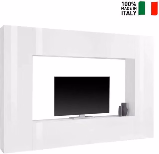 Parete attrezzata moderna Joy Mold Shopinnotivo bianca con mobile basso, colonne e pensile sospeso lucido