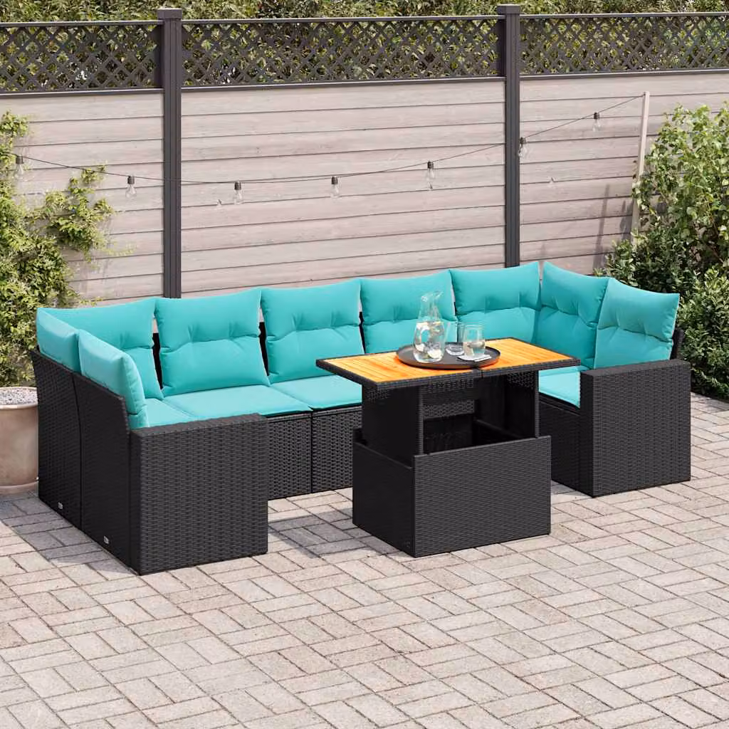 Set Divani da Giardino a L vidaXL in Polyrattan con Cuscini e Tavolino da Caffè, 8 Pezzi, Nero