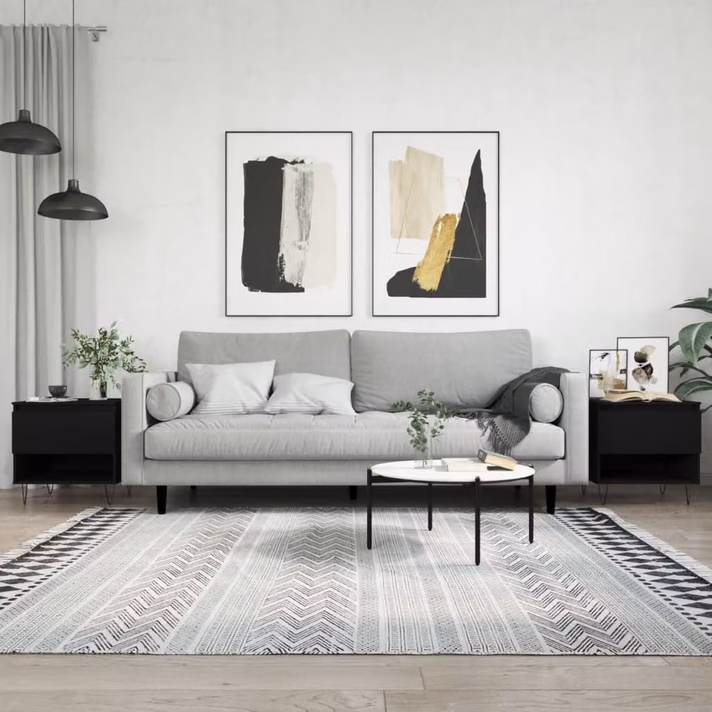 Set di 2 tavolini da salotto moderni vidaXL in legno e metallo, design rotondo con top incastrabili, nero e bianco, L/P/H: 50 x 46 x 50 cm