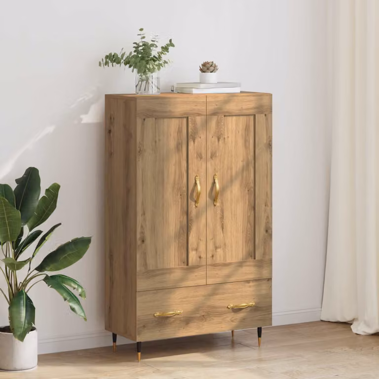Credenza moderna vidaXL in legno e metallo, colore marrone con dettagli oro e nero, L: 69,5 cm, P: 31 cm, H: 115 cm