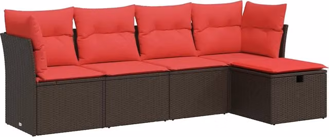 Set Divano da Giardino Moderno a L in Polyrattan Marrone con Cuscini e Ottoman, 5 Pezzi – 1