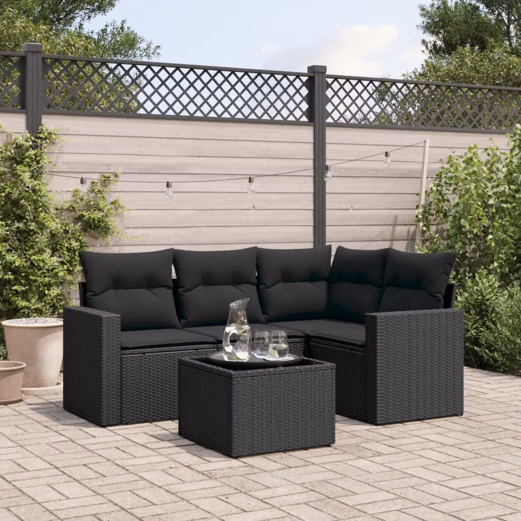 Set di Divani da Giardino vidaXL 5 pz a Forma a L con Cuscini in Polyrattan Nero – 1