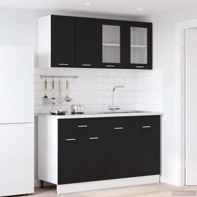 Unità Cucina Moderna vidaXL in Rovere e Nero con Ante in Vetro, 4 Pezzi