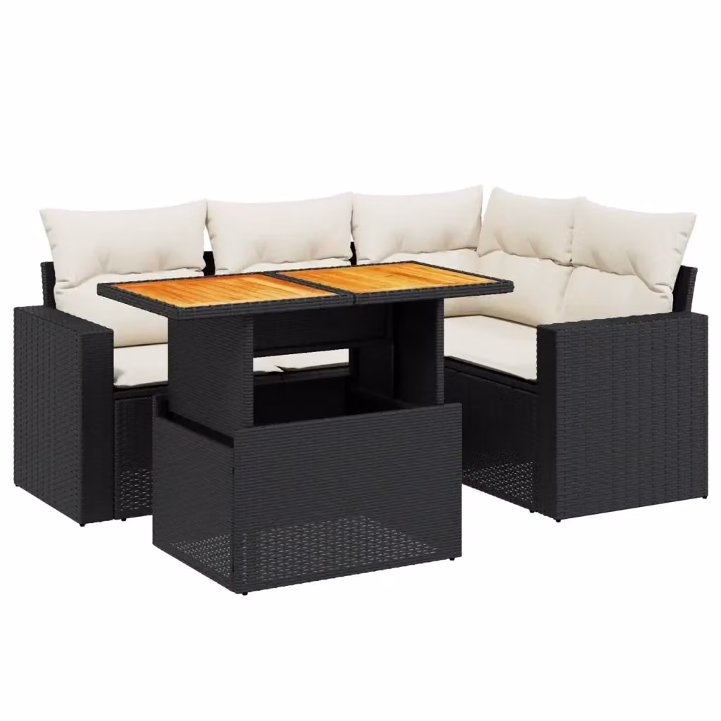 vidaXL Set Divani da Giardino a L 5 pz in Polyrattan Nero con Cuscini e Tavolino da Esterno – 2
