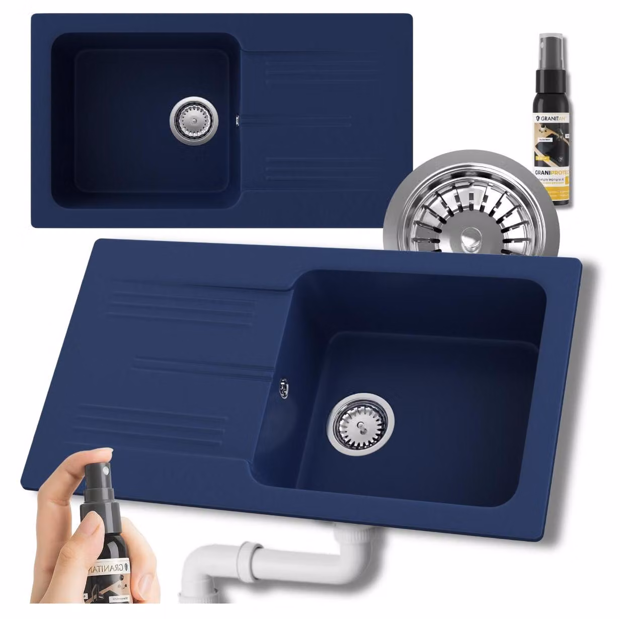 Granitan - Lavello in granito - Lavello da cucina - 78x44 cm - Blu - con sifone e scolapiatti - Lavello - ADA