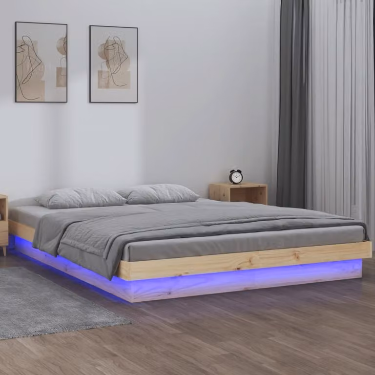 The Living Store Letto in legno massiccio con LED 140x190 cm