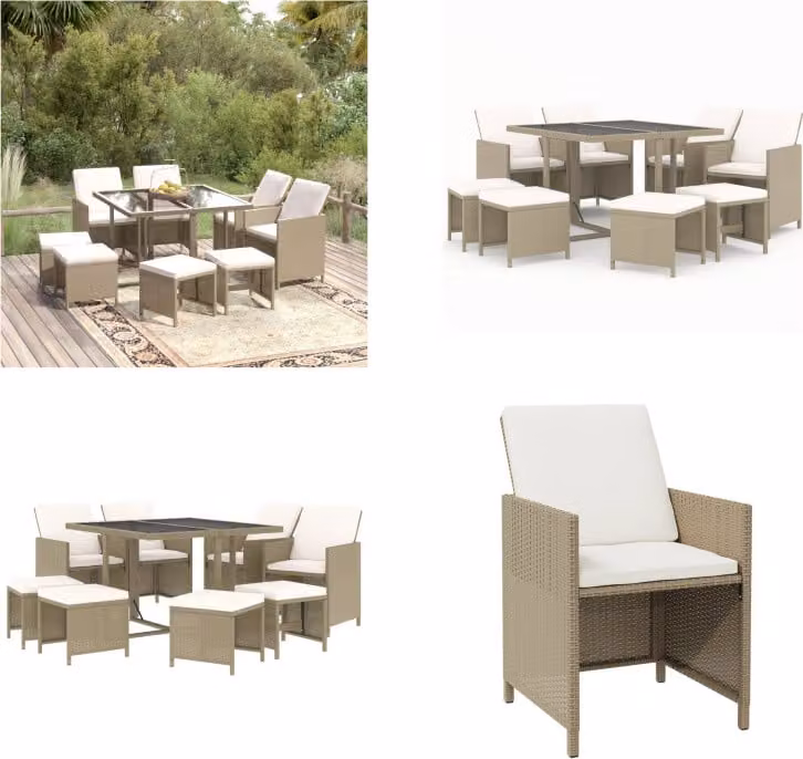 vidaXL Set da pranzo da giardino 9 pezzi con cuscini in poly rattan beige - Set da pranzo da giardino - Set da pranzo in poly rattan - Set da pranzo da esterno