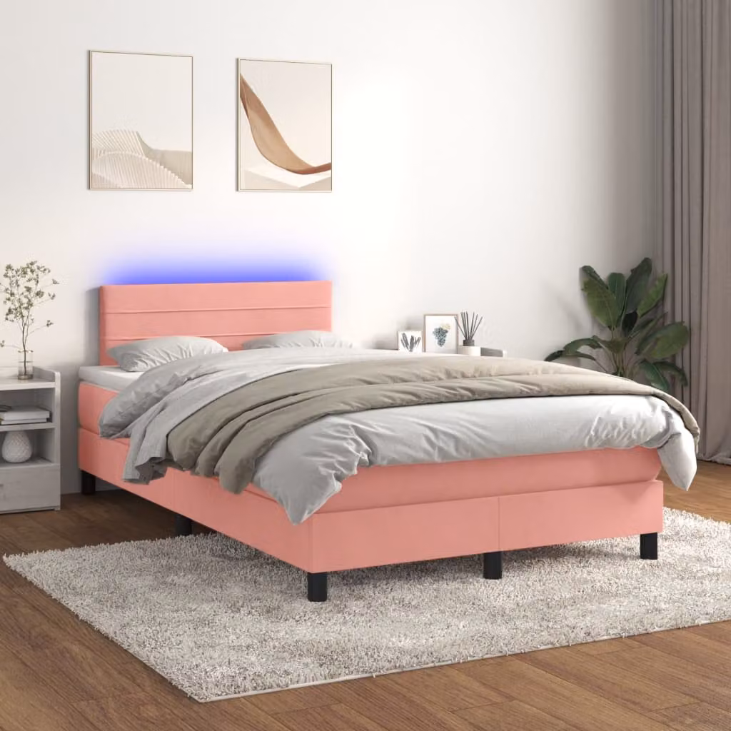 The Living Store Letto a molle con materasso e LED Rosa 120x200 cm Velluto