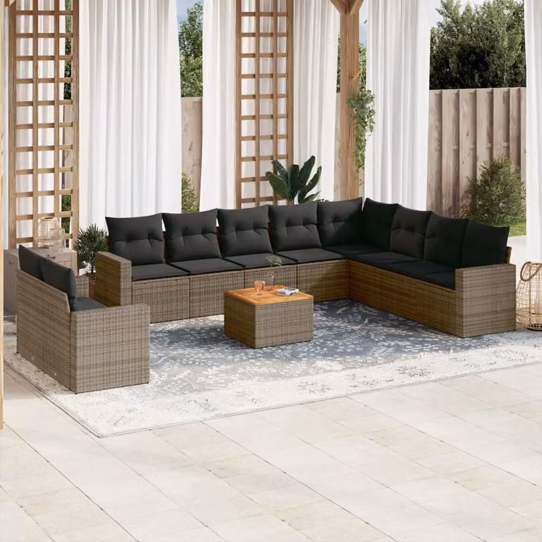 vidaXL Set Divani da Giardino a L 11 pz in Polyrattan Grigio con Cuscini e Tavolino