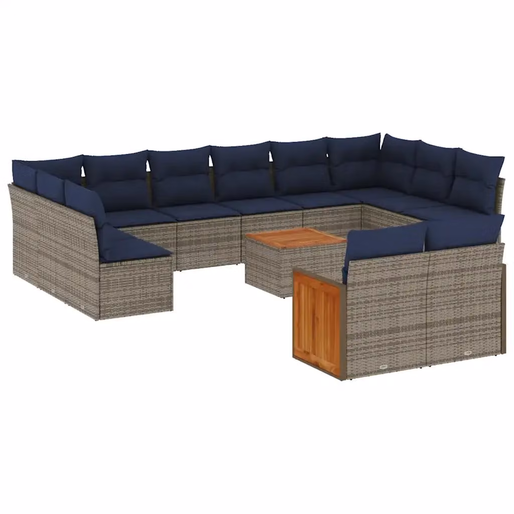 Set di divani da giardino a forma di U vidaXL in polyrattan con cuscini blu e grigi e tavolino da caffè coordinato – 2