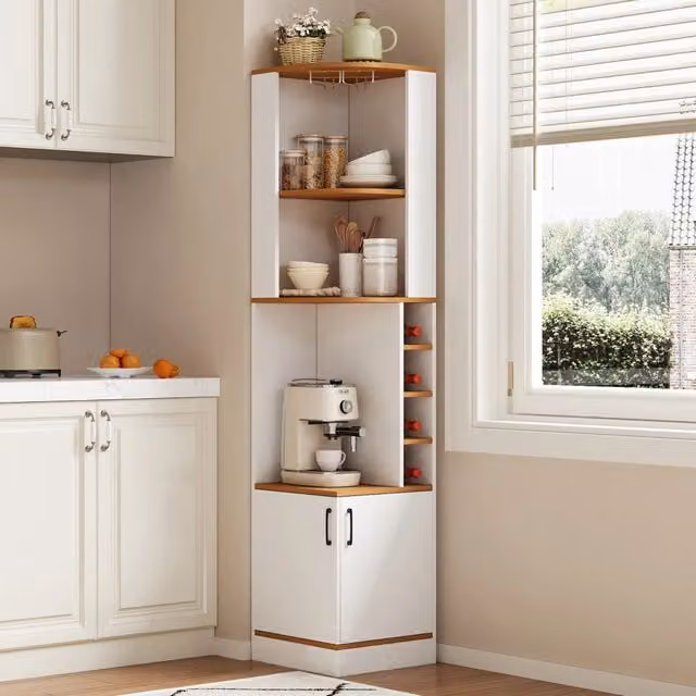 Cantina angolare 40x40x182 cm con ripiano bicchieri, ante e mobile alto. Mobile bar autoportante salvaspazio per cucina, sala da pranzo e soggiorno