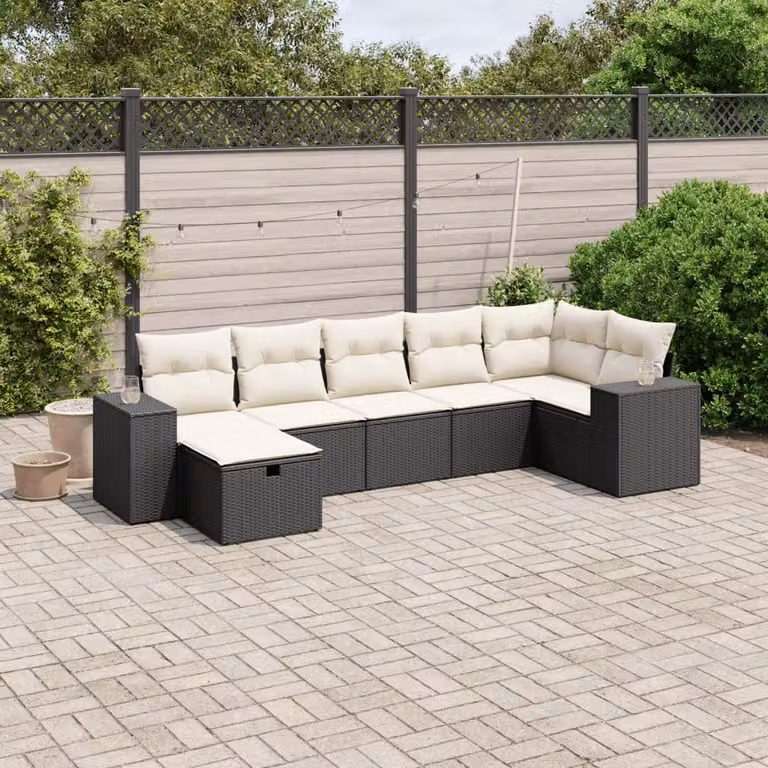 vidaXL Set Divano da Giardino a L con 7 Cuscini, Polyrattan e Acciaio Nero e Bianco