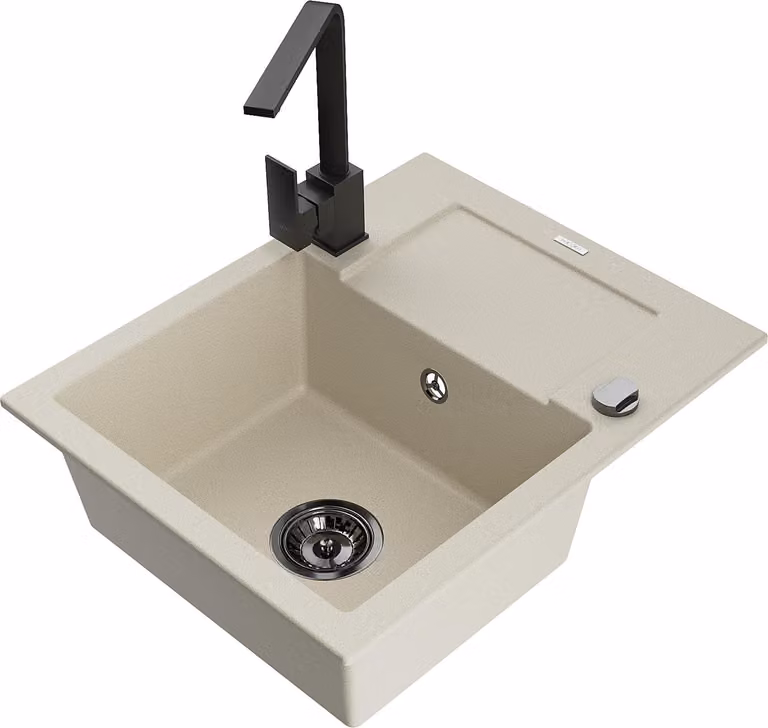 Mexen Enzo lavello in granito a 1 vasca con sgocciolatoio e rubinetto da cucina Rita, beige - 6506-69-670300-70
