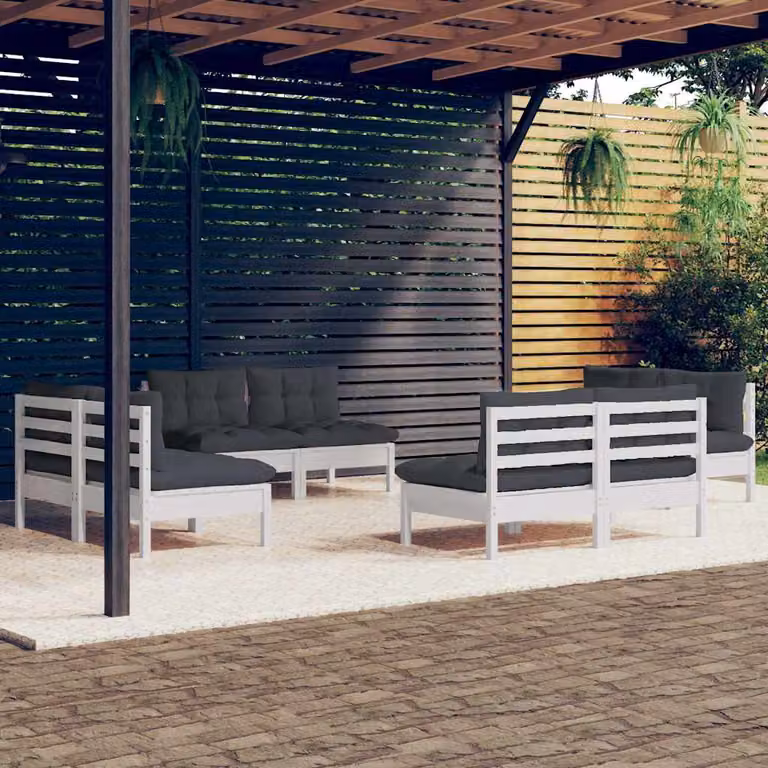 Set di divani da giardino a L vidaXL in legno di pino con 8 pezzi e cuscini antracite e bianchi
