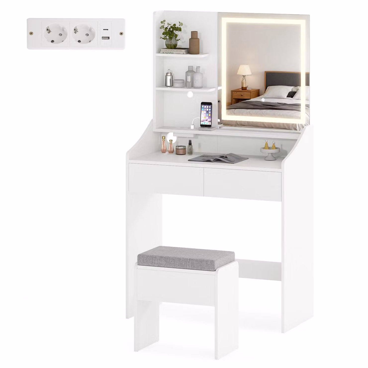 Tavolino da toilette COSTWAY con sgabello e specchio LED a 3 colori, tavolino da toilette con stazione di ricarica integrata e cassetti, tavolino per cosmetici 80x39x142cm