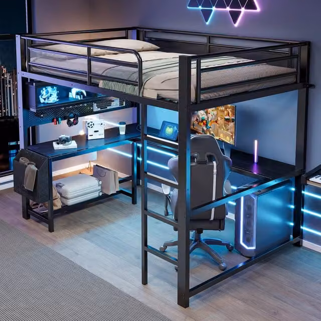 Letto a soppalco 140 × 200 cm con scrivania, LED a 7 colori e stazione di ricarica, senza materasso, nero