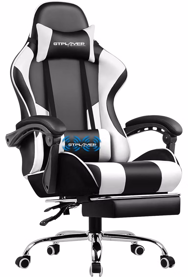 Sedia da gaming - Sedia da ufficio ergonomica con cuscino lombare massaggiante - Poggiapiedi ribaltabile - Regolabile in altezza - Sedia girevole con rotelle - Pelle finta bianca - Portante fino a 150 kg